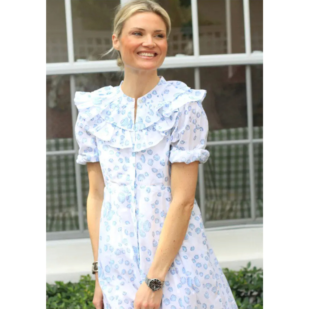 Julia India Amory JA Ruffle Shirt Maxi Dress Blue Shell Puff Sleeve Tuckernuck S - Picture 4 of 11